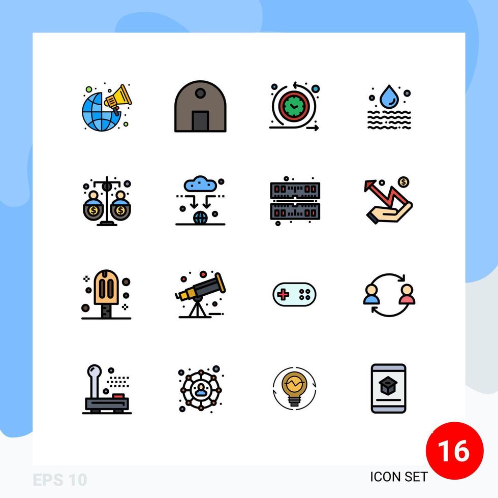 paquete de interfaz de usuario de 16 líneas básicas llenas de color plano de contaminación presupuestaria proceso de tiempo de fuga de bienes raíces elementos de diseño de vectores creativos editables