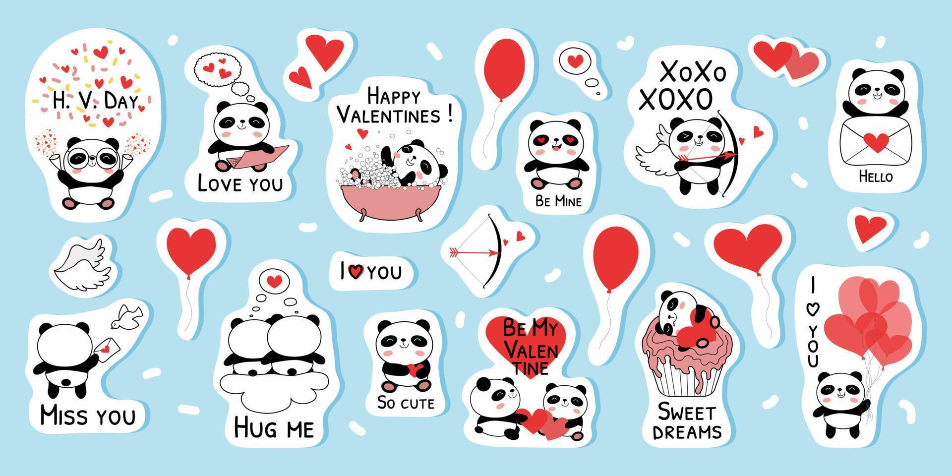 pegatinas de panda bebé para la ilustración de vector de día de san valentín