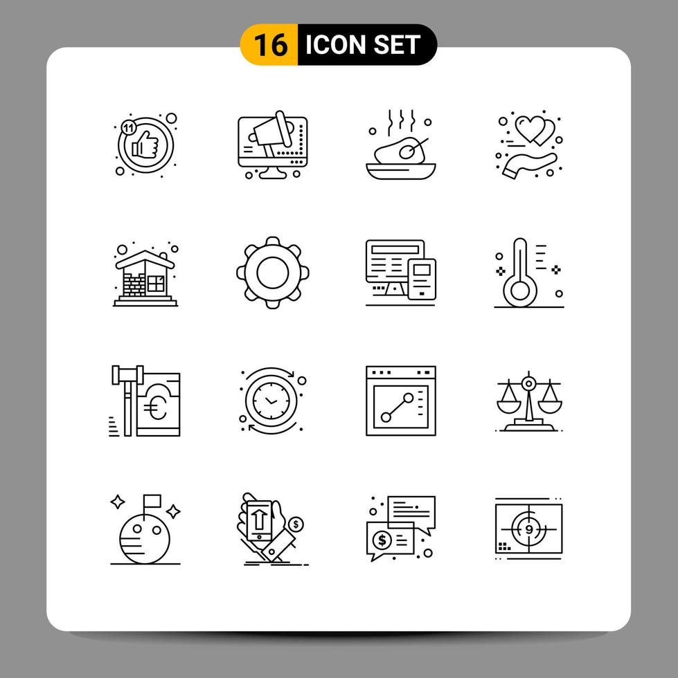 Group of 16 Outlines Signs and Symbols for building heart dinner hand protect Editable Vector Design Elements