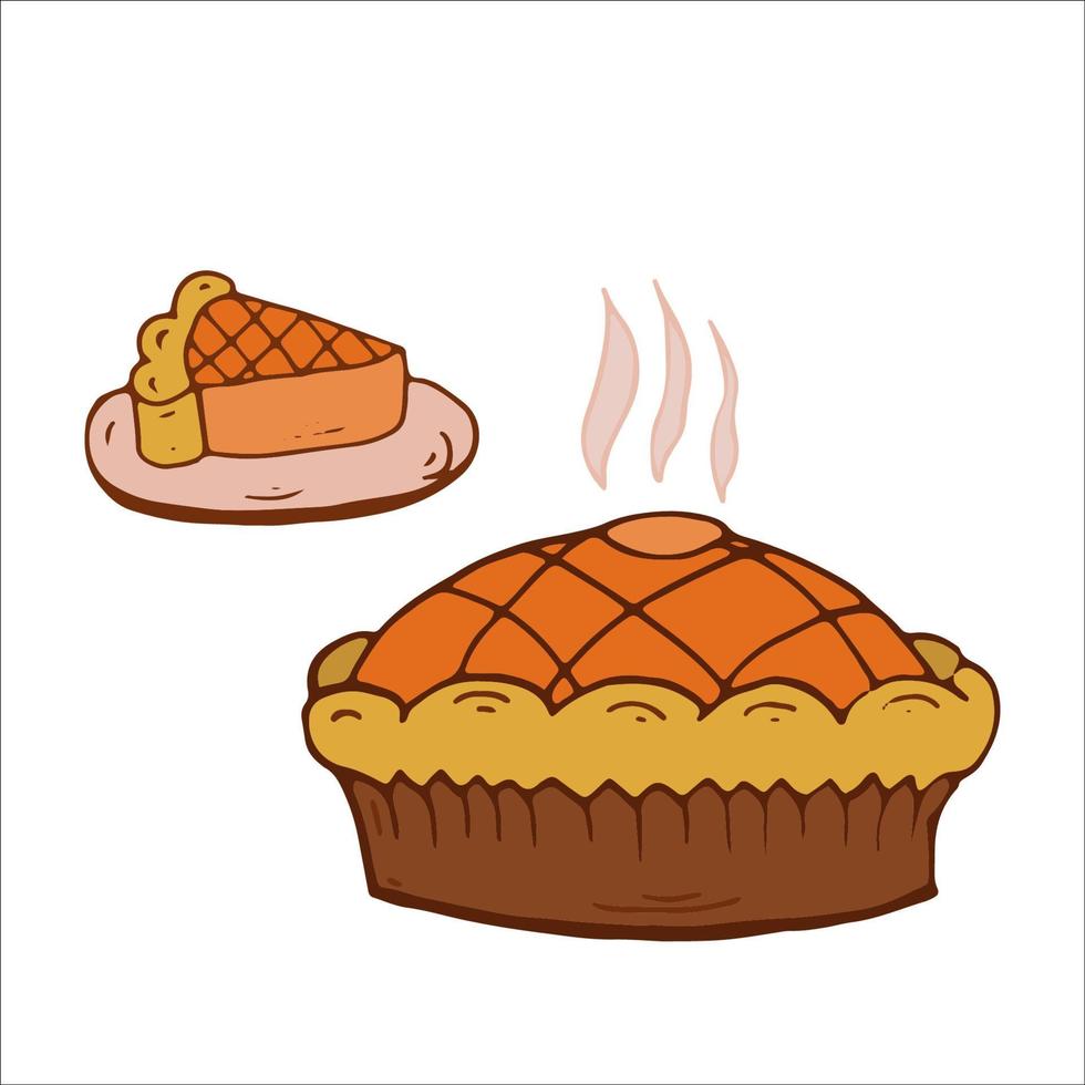 pumpkin Pie Icon, sticker, design element. Yellow and orange colors. Vector Illustration.