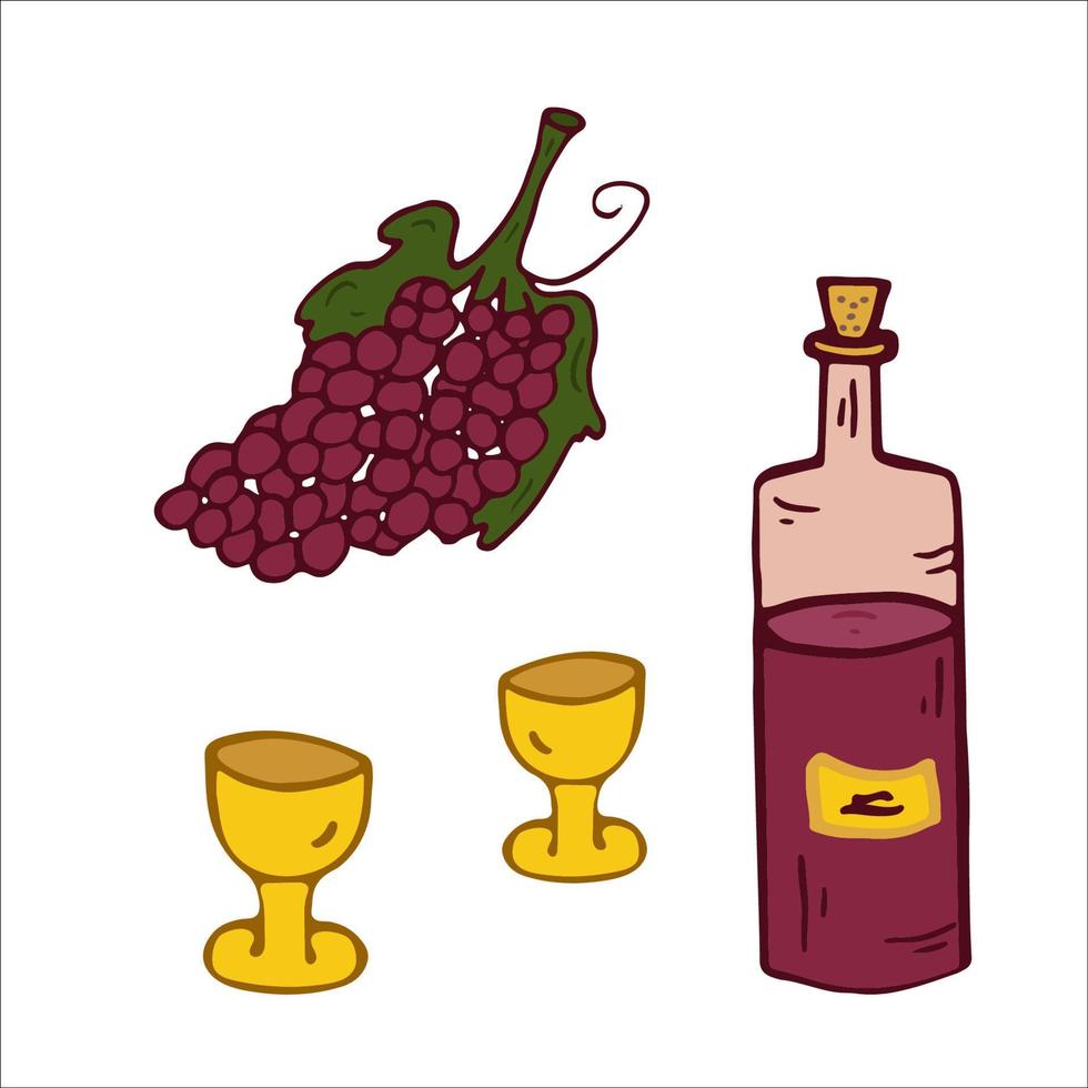 Wine, grapes, two glasses. Doodle style. Vector illustration