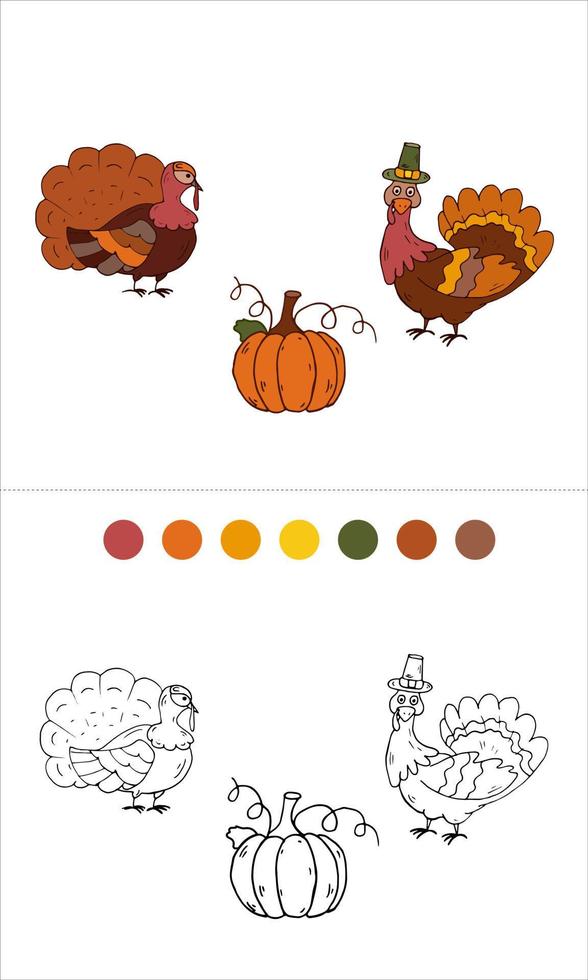 Turkeys, pumpkin Coloring Page Thanksgiving day. Isolated Vector Illustration