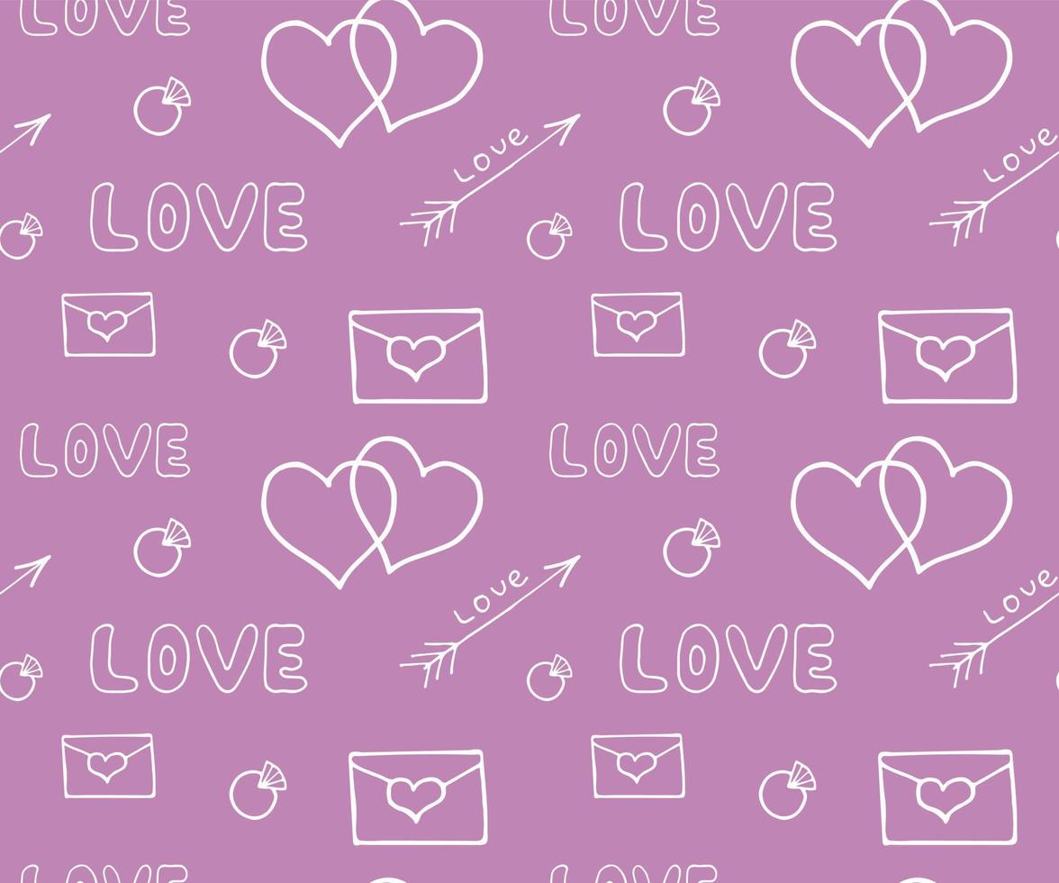 Seamless pattern with heart, letter, cupid arrow, ring, love icon. Vector illustration valentine day