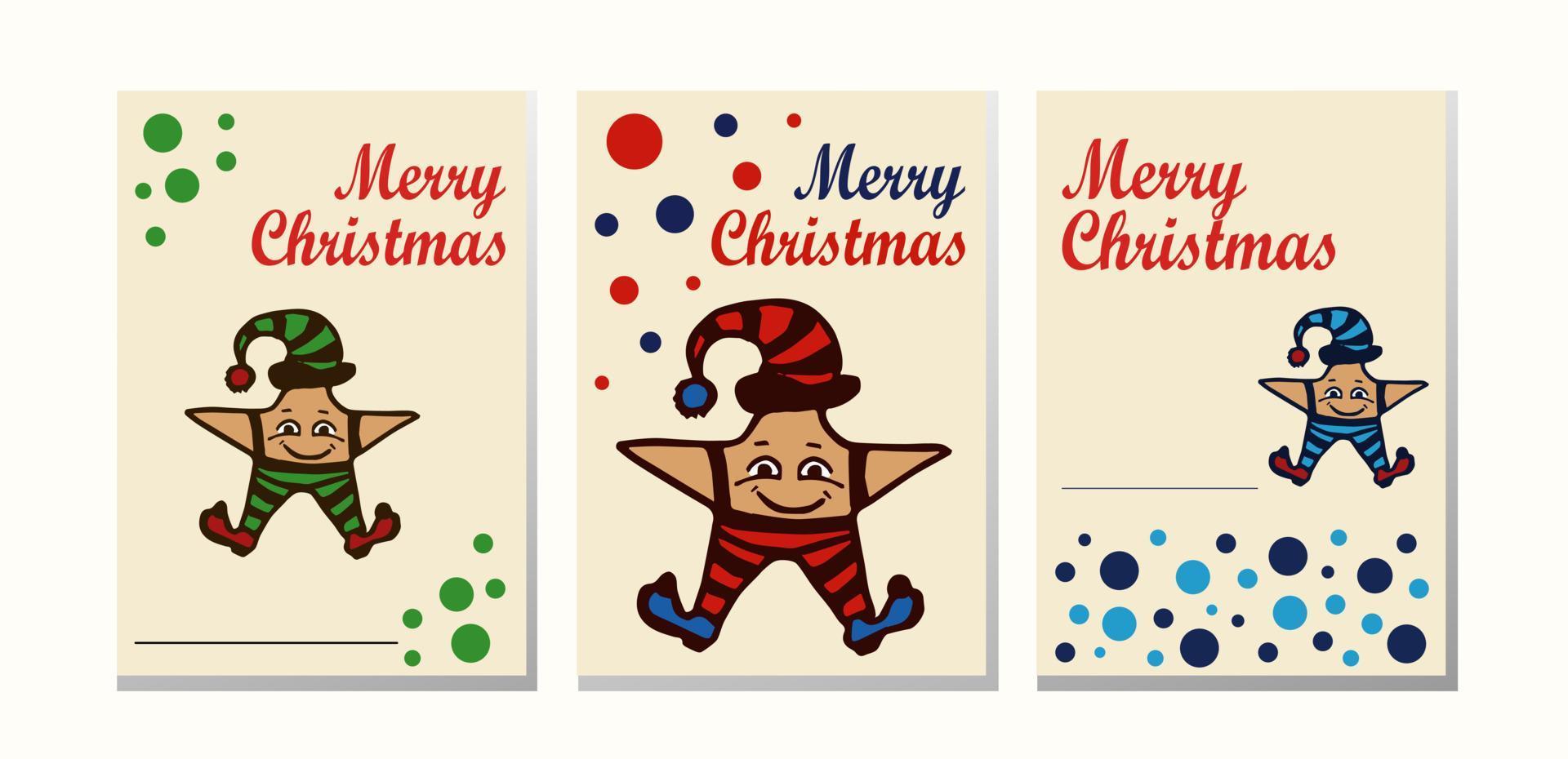 Christmas postcard set with star funny. Blue, red and green colors. Vector illustration.