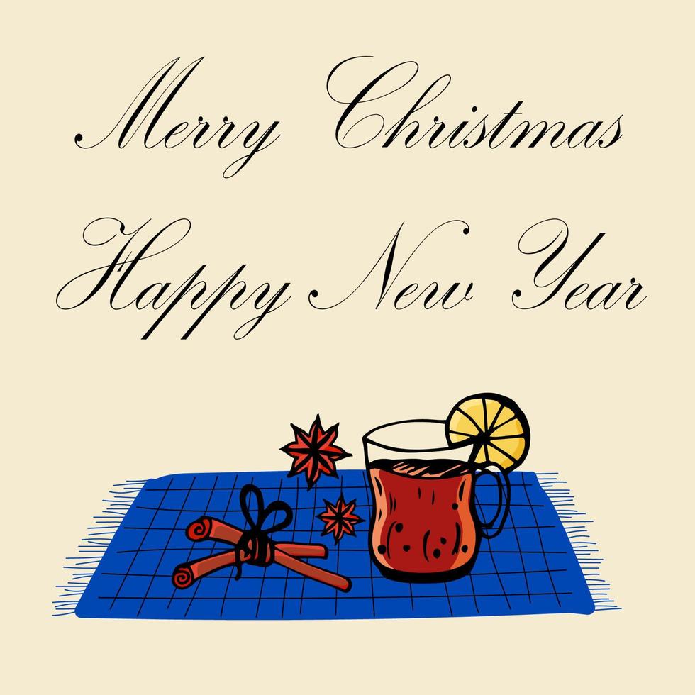 tarjeta de navidad bebidas y especias. colores beige, azul, rojo. estilo garabato. ilustración vectorial vector