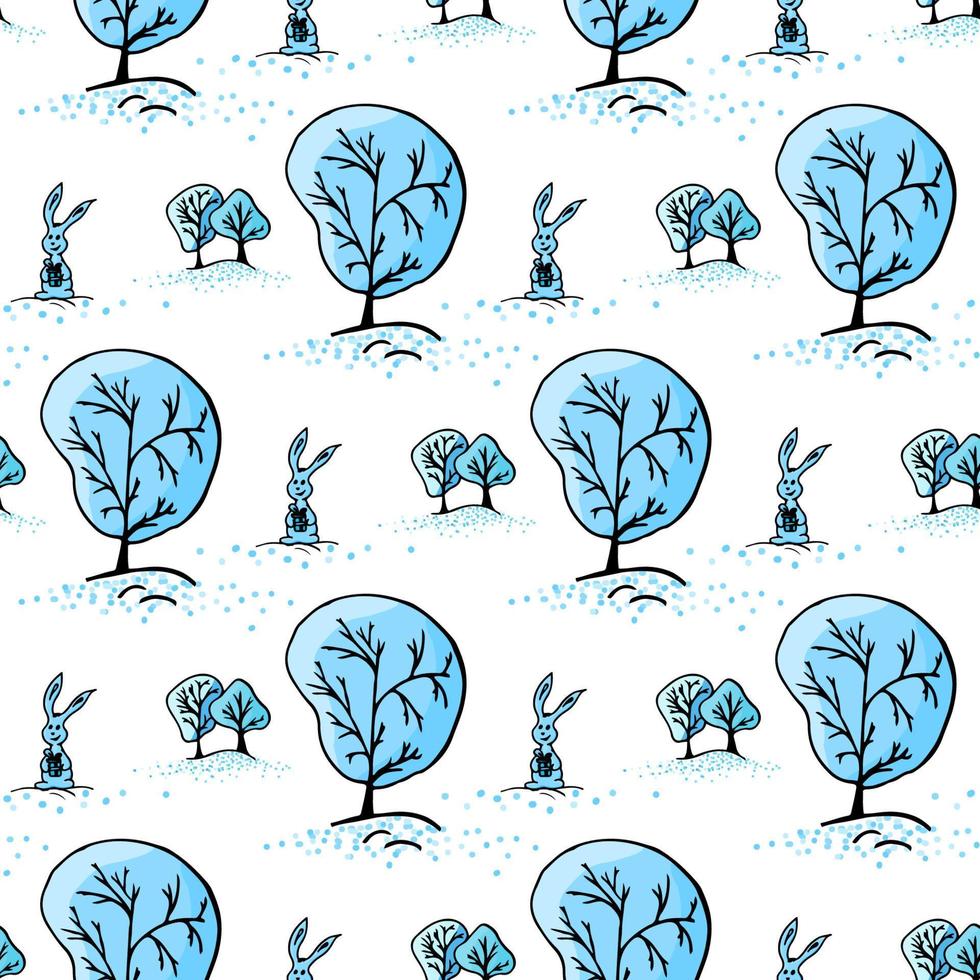 Winter Christmas Seamless Pattern with trees and rabbit. Blue colors. Vector illustration.