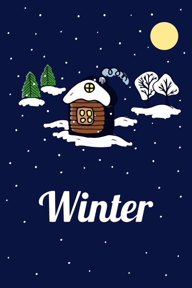 Winter card with village houseand, trees, snowflakes. Blue color. Vector illustration.