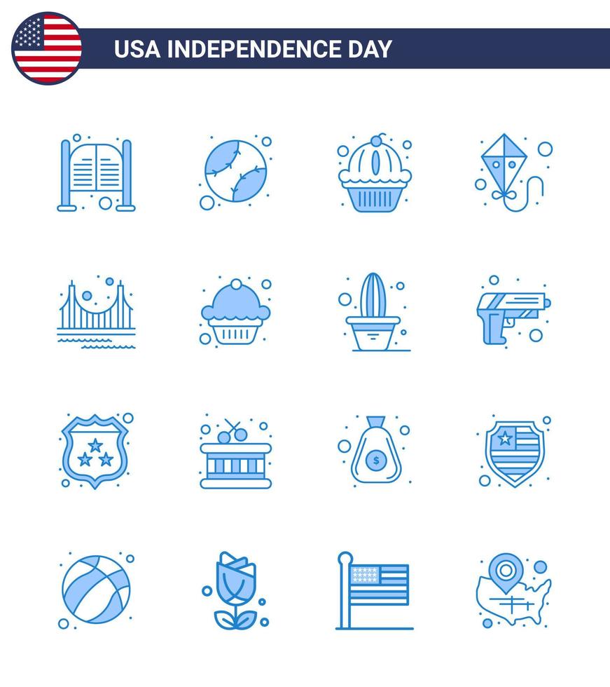 paquete de 16 elementos creativos de diseño vectorial del día de la independencia de estados unidos relacionados con el blues de la puerta voladora de verano unidos vector