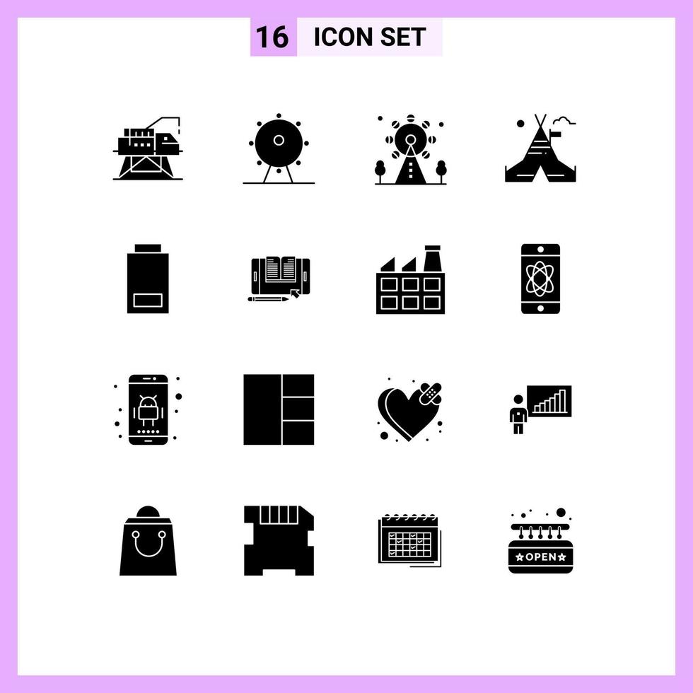 Universal Icon Symbols Group of 16 Modern Solid Glyphs of file status tent free low battery Editable Vector Design Elements