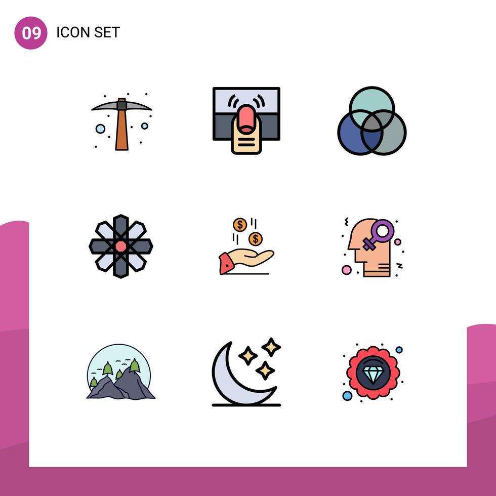 User Interface Pack of 9 Basic Filledline Flat Colors of dollar geography touch decoration flower Editable Vector Design Elements
