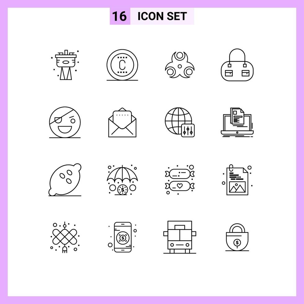 Set of 16 Modern UI Icons Symbols Signs for pirate horror hazard halloween bag Editable Vector Design Elements