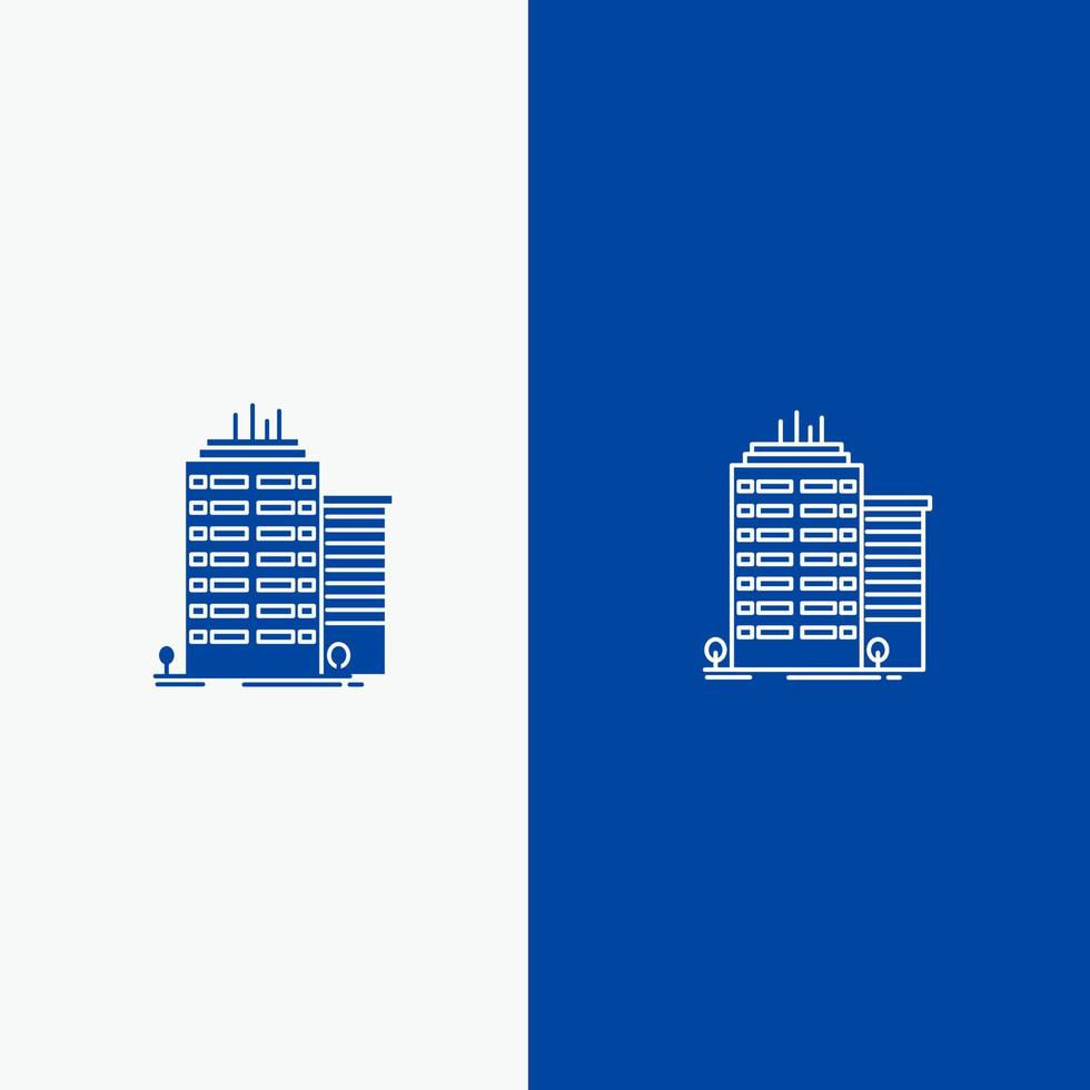 edificio rascacielos oficina línea superior y glifo icono sólido bandera azul línea y glifo icono sólido bandera azul vector