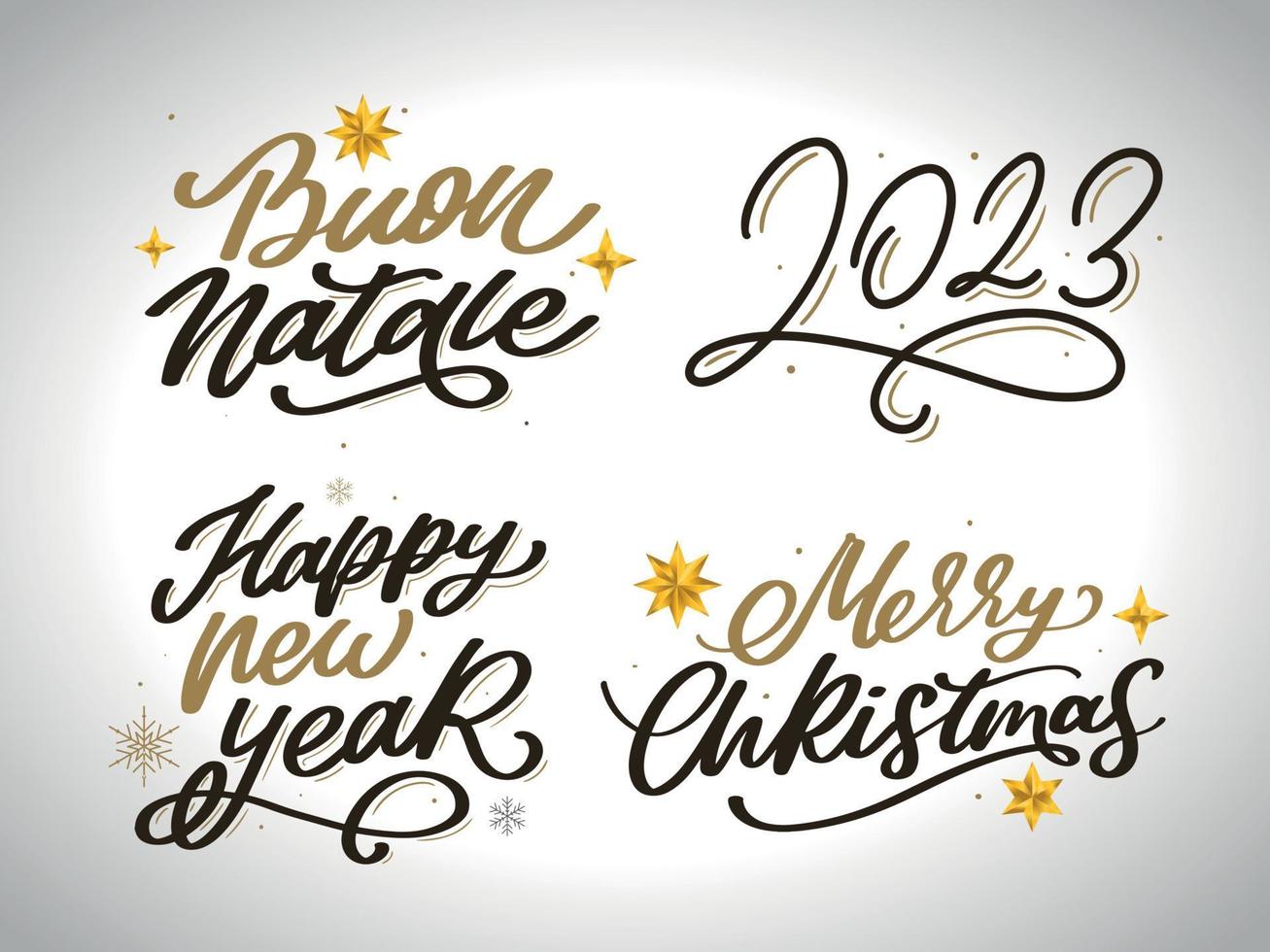 feliz navidad conjunto 2023 feliz año nuevo, tipografía letras insignia emblemas citas conjunto colección. diseño de logotipo vectorial para postal, invitación, tarjeta de felicitación, afiche, regalo. vector