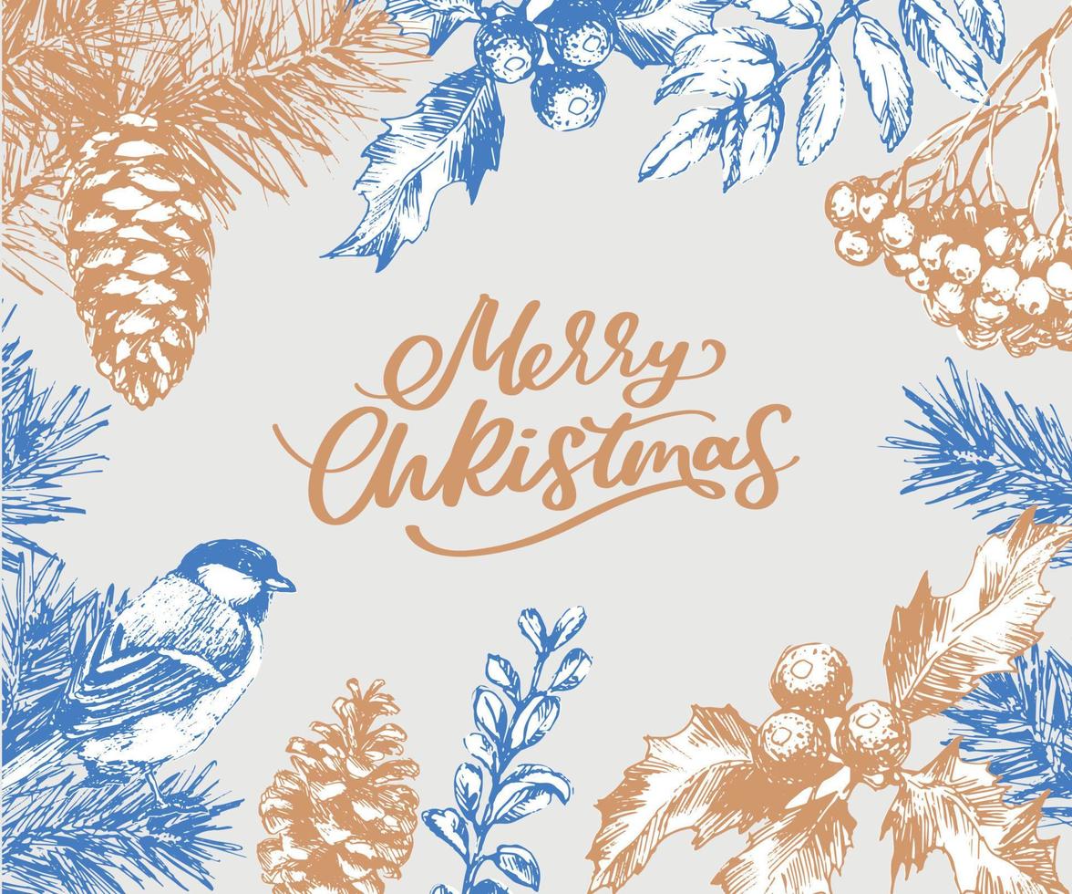 feliz navidad y feliz año nuevo tarjeta botánica abstracta con banner de marco cuadrado y tipografía moderna. diseño de saludo de colores pastel verde y rosa. aislado. vector