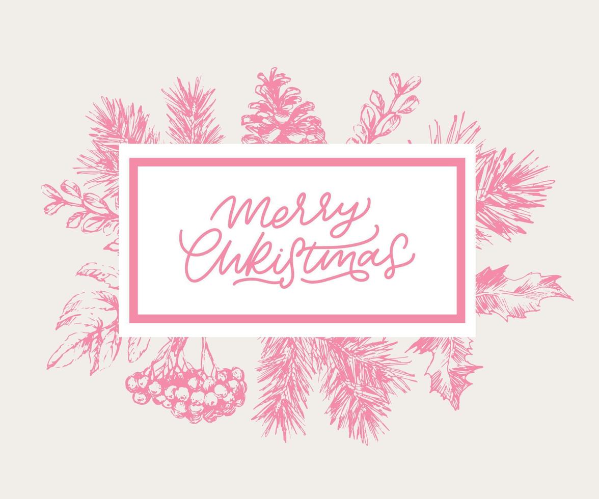 Merry Christmas and Happy New Year Abstract Botanical Card with Square Frame Banner and Modern Typography. Green and Pink Pastel Colors Greeting Layout. Isolated. vector