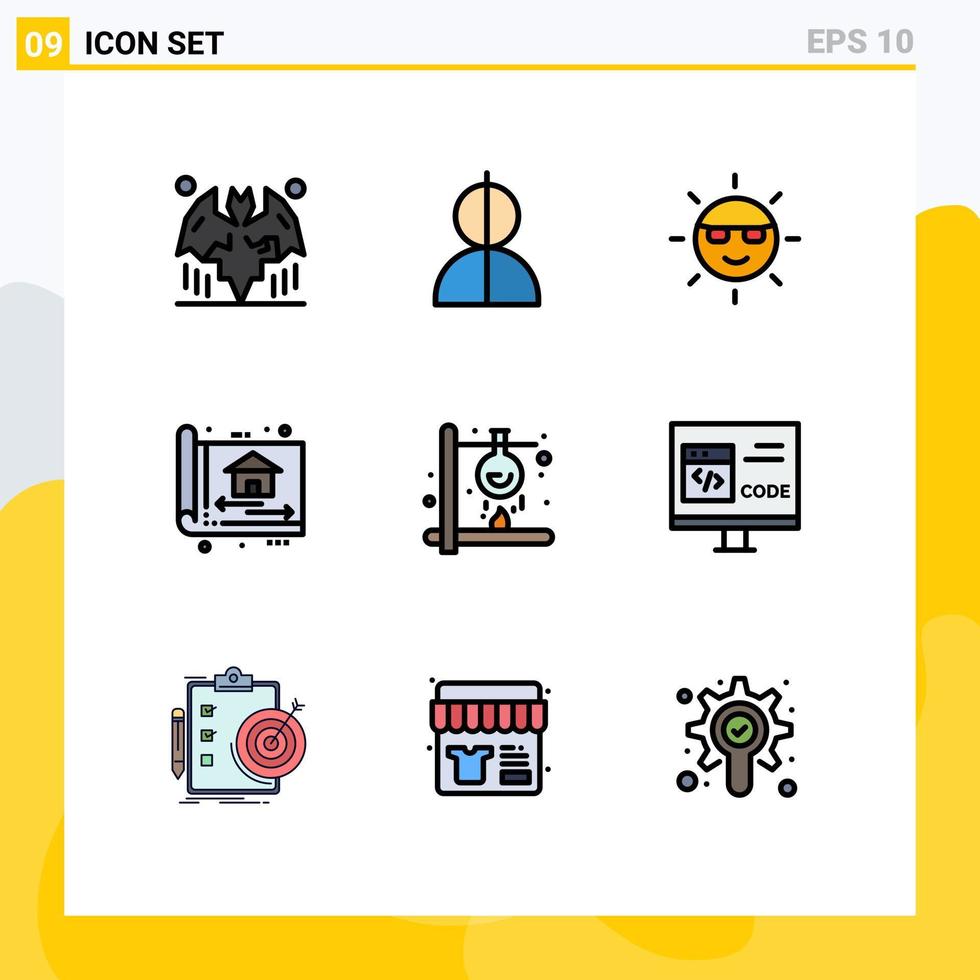 9 interfaz de usuario línea de relleno paquete de color plano de signos y símbolos modernos de construcción arquitecto ladrón impresión azul naturaleza elementos de diseño vectorial editables vector