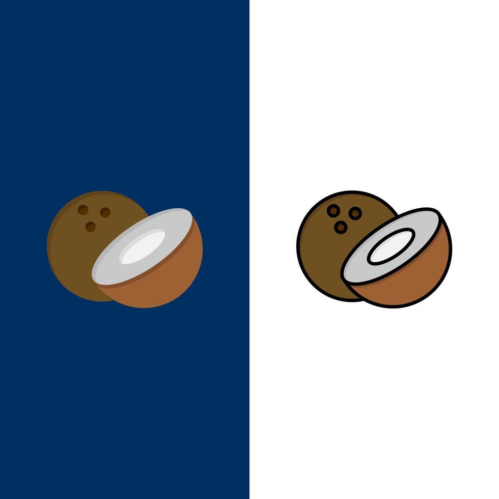 iconos de alimentos de coco plano y conjunto de iconos llenos de línea vector fondo azul