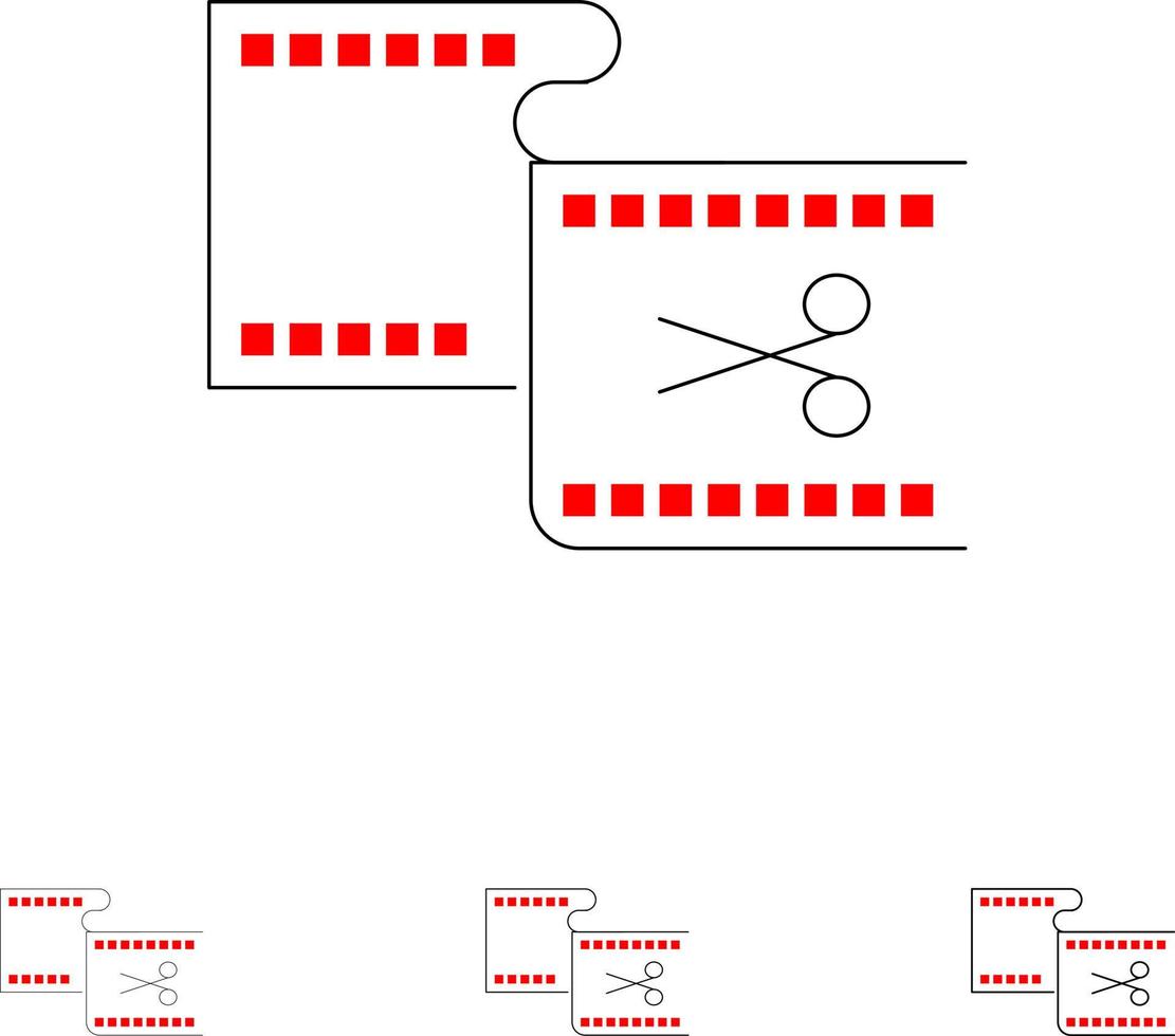 conjunto de iconos de línea negra en negrita y delgada de película de edición de corte de clip vector