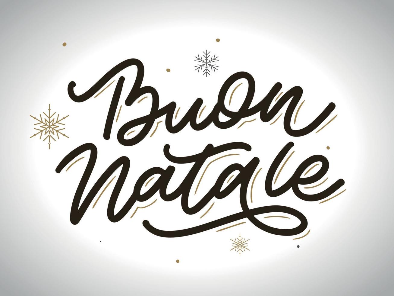 Navidad, tarjeta de felicitación de Buon Natale. Letras de escritura a mano en italiano. Letras de vacaciones. Plantilla de año nuevo. Vector vintage, diseño de tipografía.