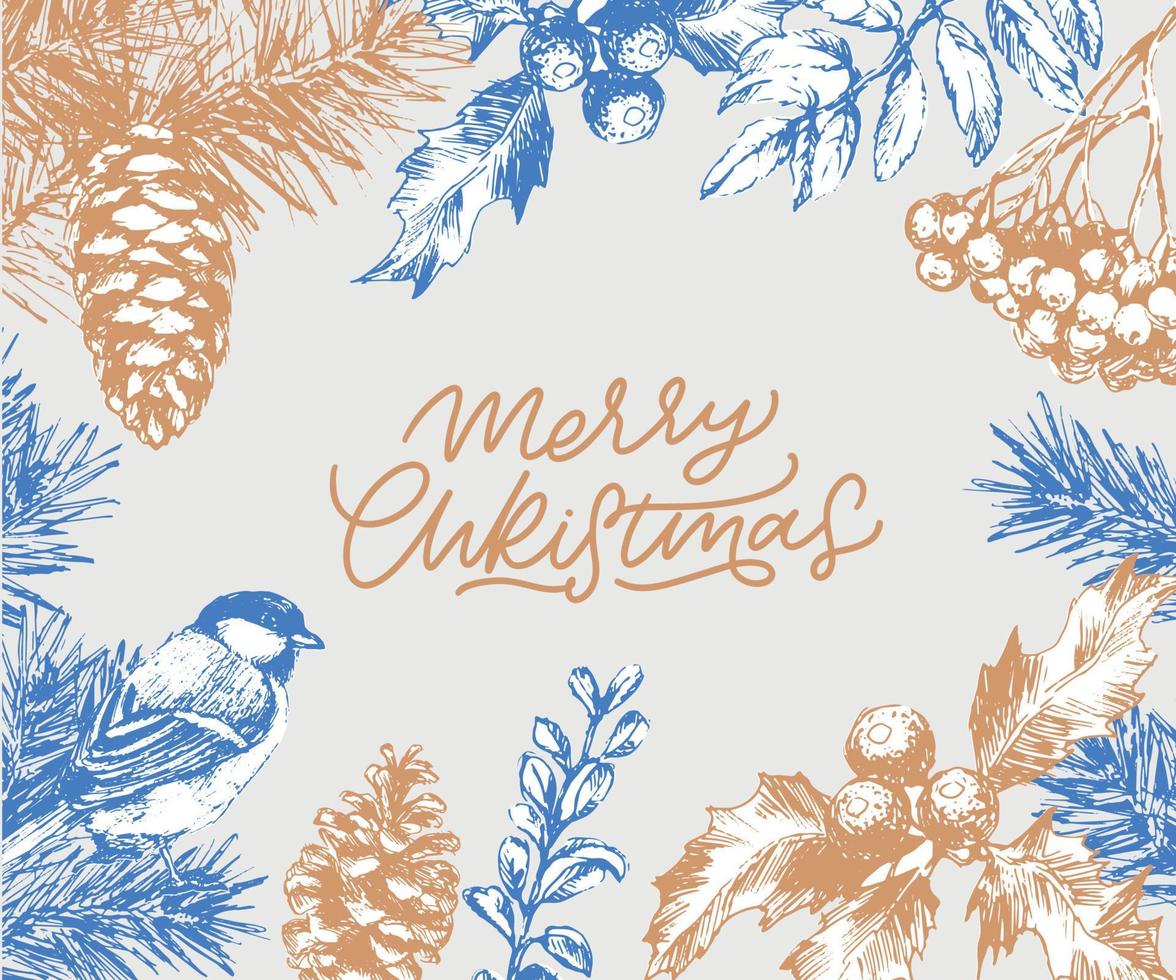 Merry Christmas and Happy New Year Abstract Botanical Card with Square Frame Banner and Modern Typography. Green and Pink Pastel Colors Greeting Layout. Isolated. vector