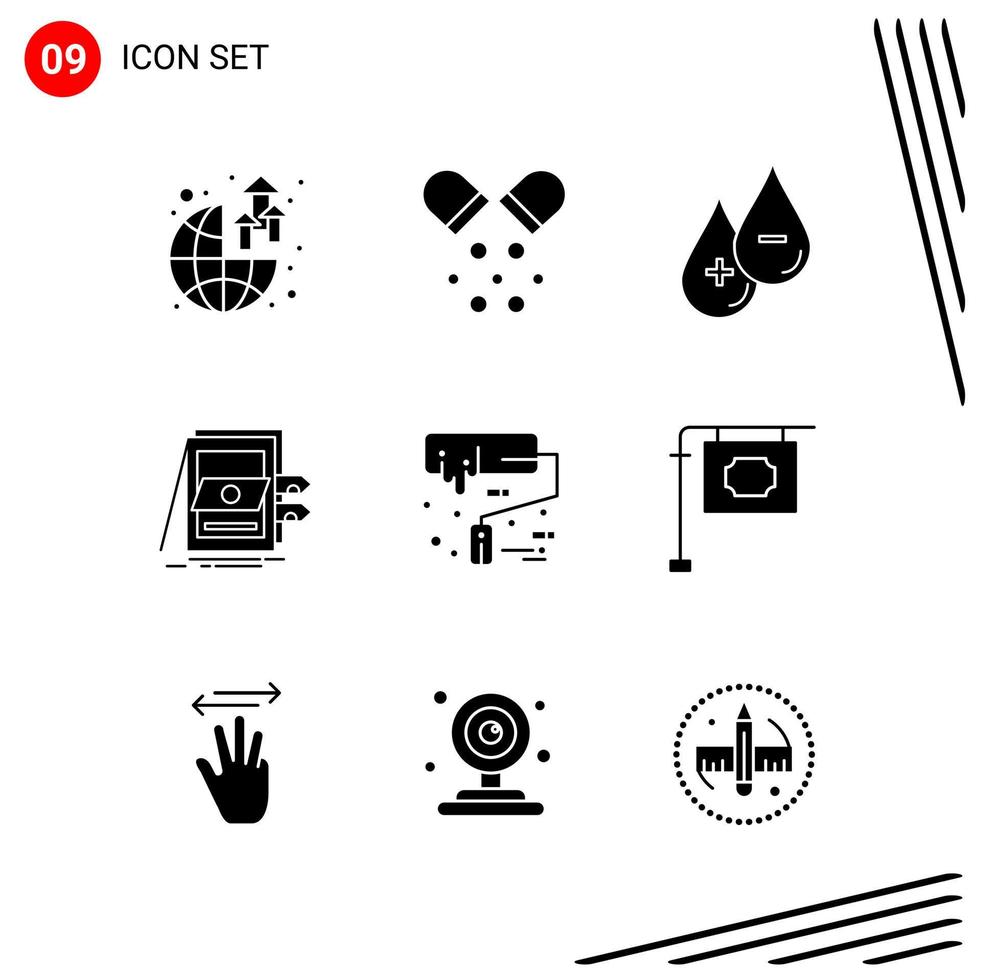 Collection of 9 Vector Icons in solid style. Pixle Perfect Glyph Symbols for Web and Mobile. Solid Icon Signs on White Background. 9 Icons.