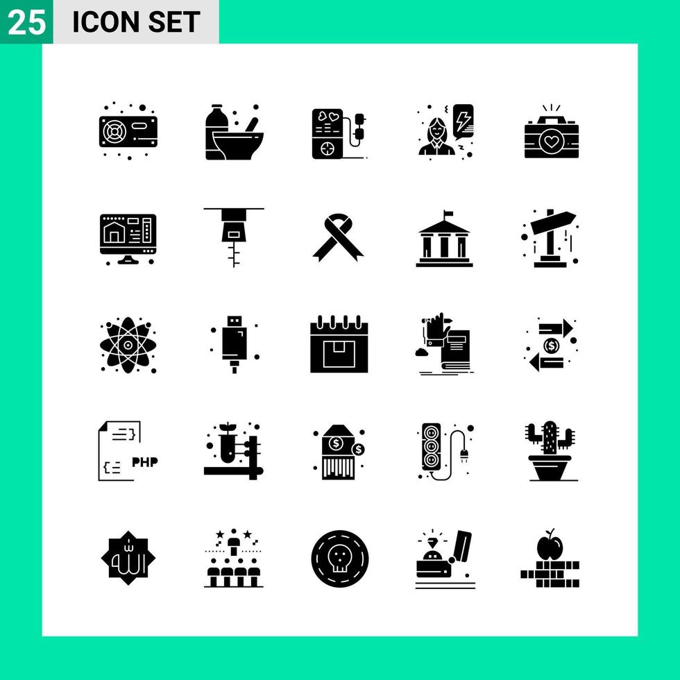 Pack of 25 Solid Style Icon Set. Glyph Symbols for print. Creative Signs Isolated on White Background. 25 Icon Set. vector