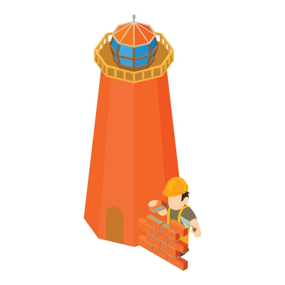 Lighthouse construction icon isometric vector. Worker laying brick near beacon vector