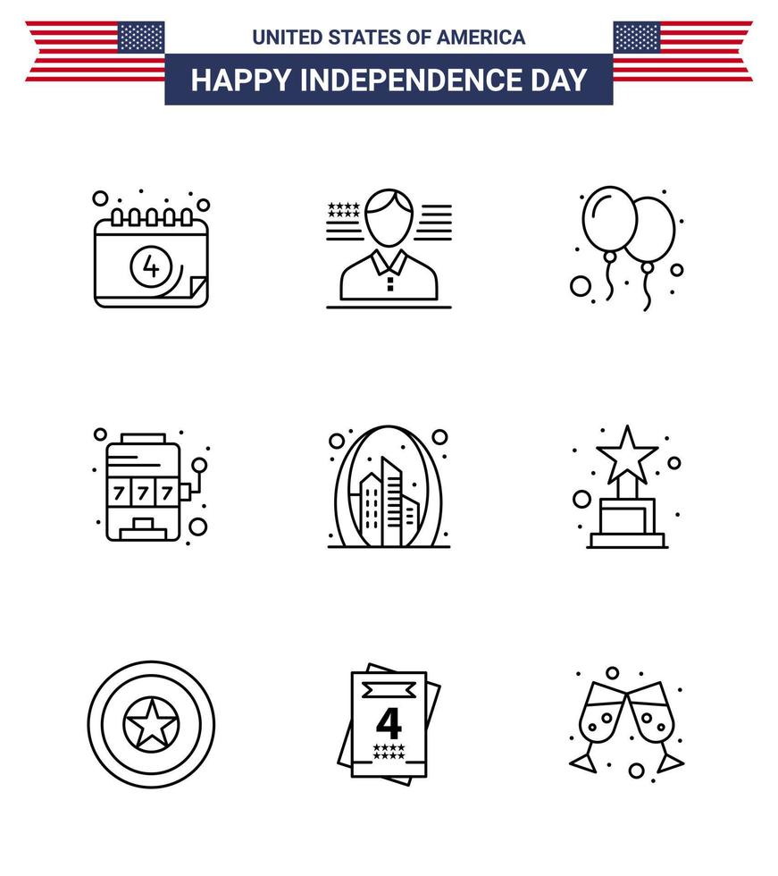 USA Independence Day Line Set of 9 USA Pictograms of gate arch celebrate game machine Editable USA Day Vector Design Elements