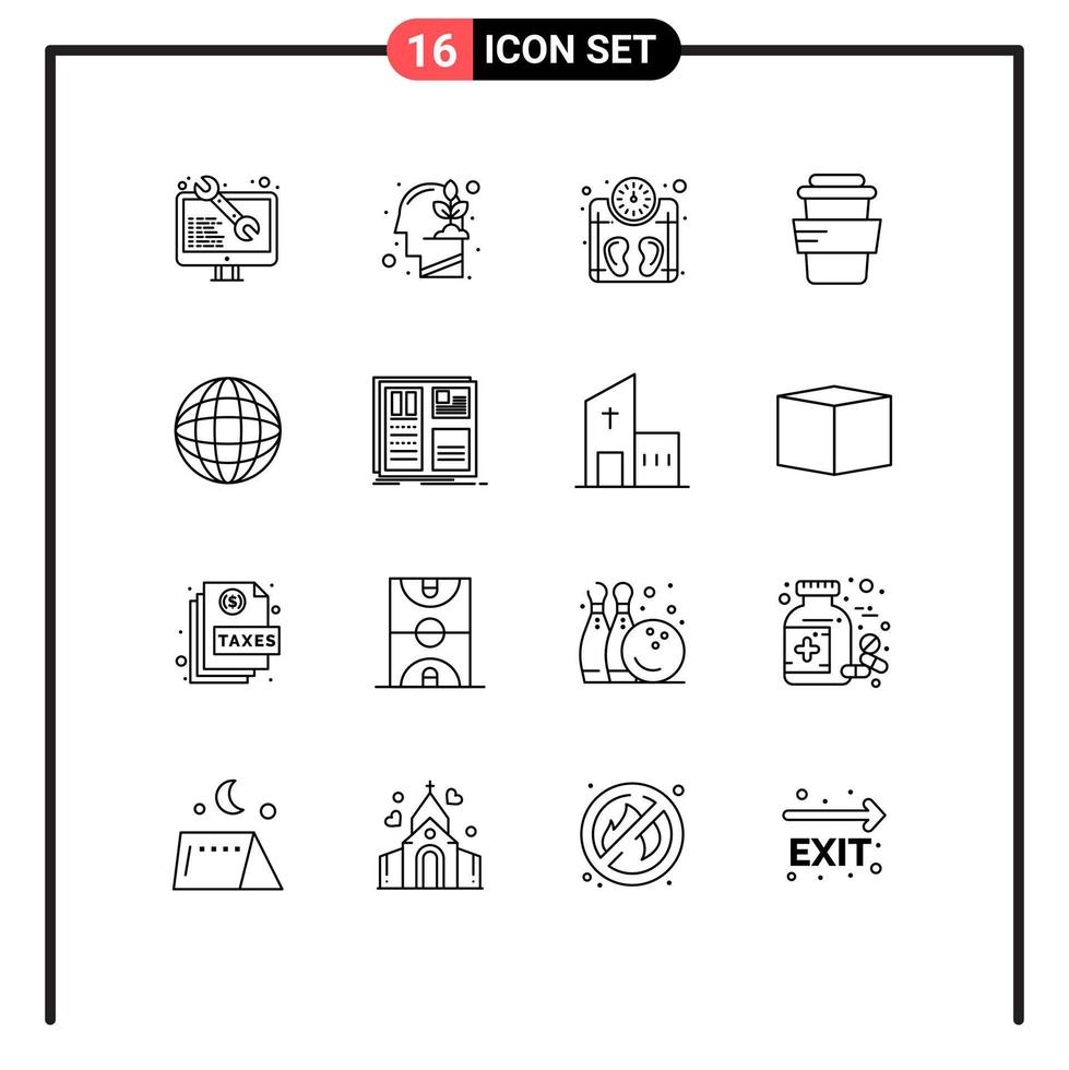 conjunto de 16 iconos de interfaz de usuario modernos signos de símbolos para elementos de diseño vectorial editables de vidrio de bebida de máquina de globo mundial vector