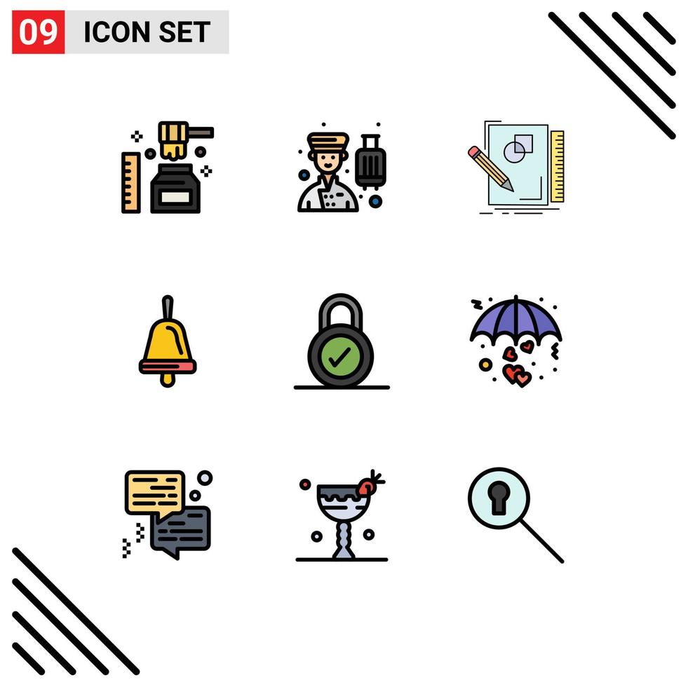 Filledline Flat Color Pack of 9 Universal Symbols of lock education service bell draw Editable Vector Design Elements