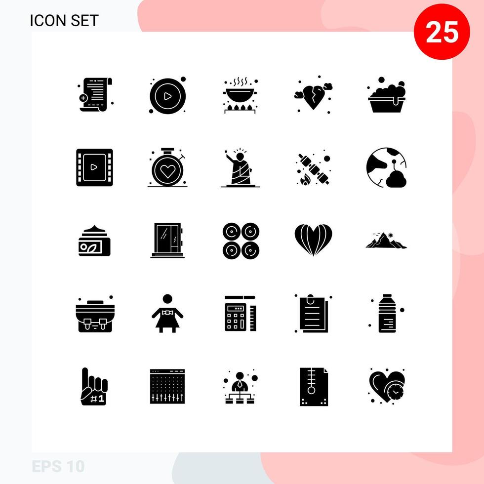 Mobile Interface Solid Glyph Set of 25 Pictograms of cinema washing pan cleaning sic Editable Vector Design Elements