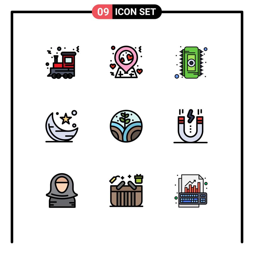 paquete de iconos de vectores de stock de 9 signos y símbolos de línea para elementos de diseño de vectores editables de la media luna de la noche electrónica de Ramadán de la planta