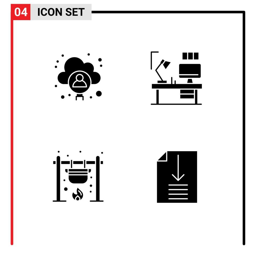 4 Thematic Vector Solid Glyphs and Editable Symbols of account bonfire user lamp camping Editable Vector Design Elements