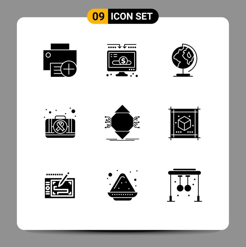 Set of 9 Commercial Solid Glyphs pack for ubicomp case donate kit map Editable Vector Design Elements