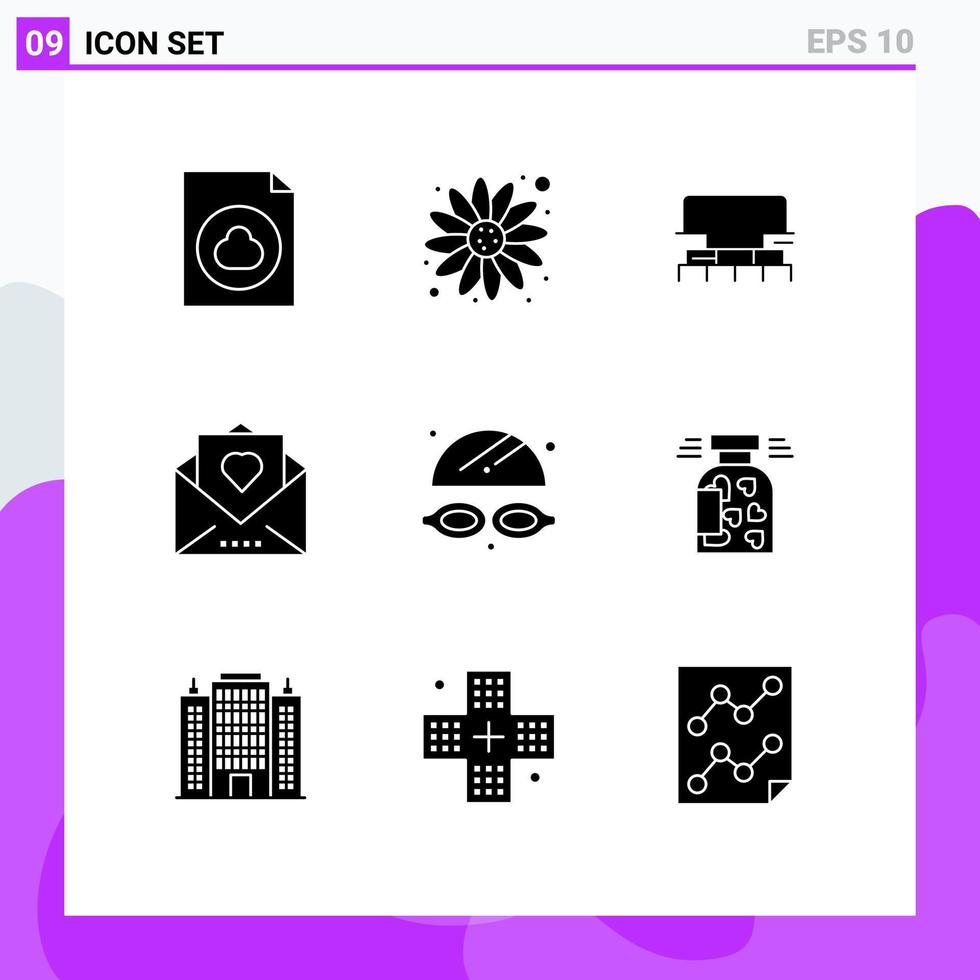 9 Universal Solid Glyphs Set for Web and Mobile Applications water thanksgiving tool mail love Editable Vector Design Elements