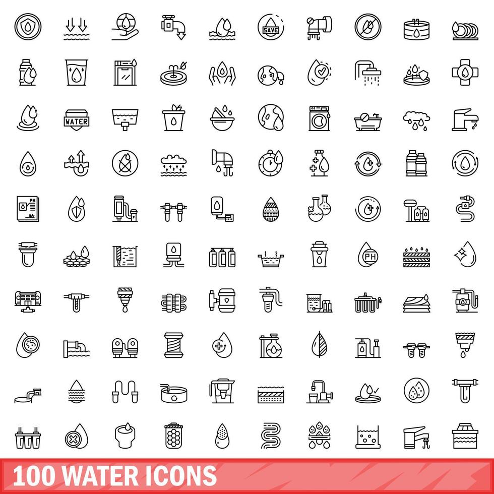 100 water icons set, outline style vector