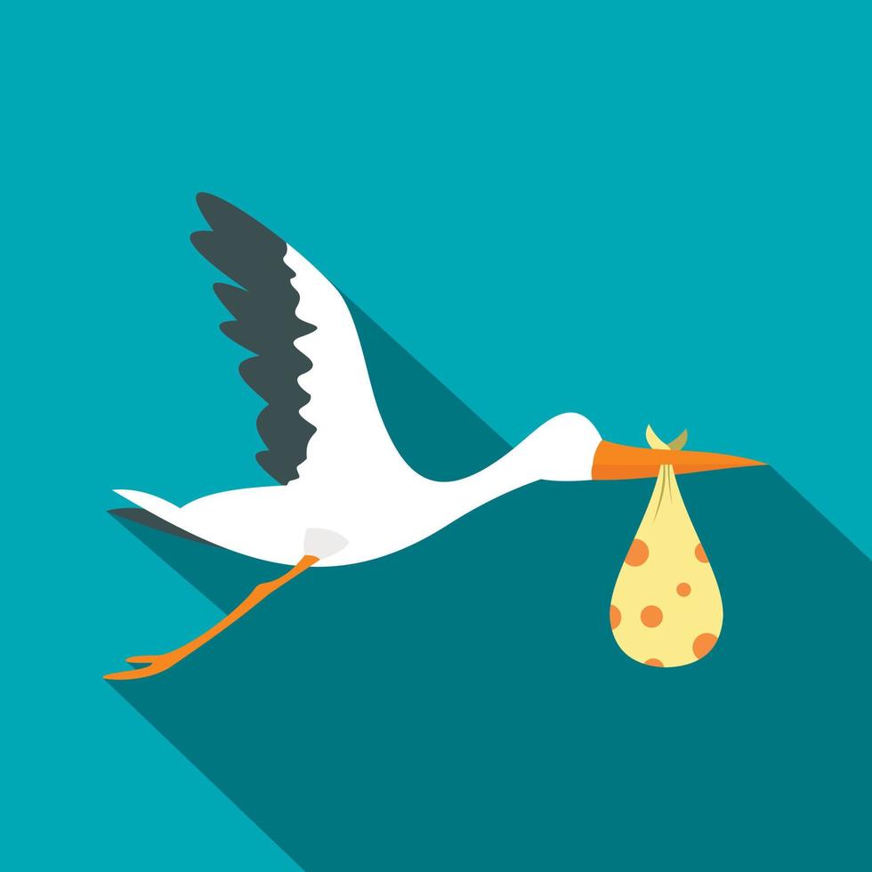 Flying stork with a bundle icon, flat style vector