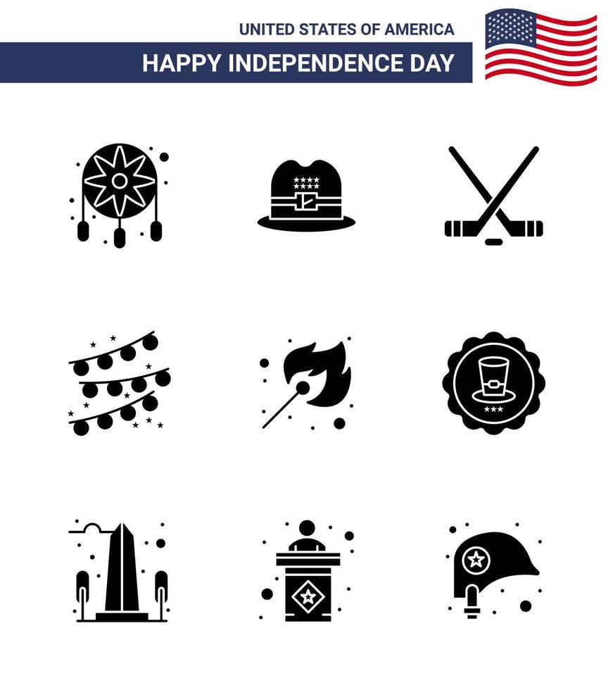 Big Pack of 9 USA Happy Independence Day USA Vector Solid Glyphs and Editable Symbols of outdoor fire ice sport camping party decoration Editable USA Day Vector Design Elements