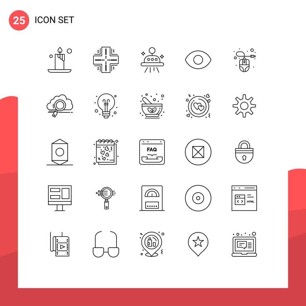 Pictogram Set of 25 Simple Lines of cloud hardware astronomy computer mouse view Editable Vector Design Elements