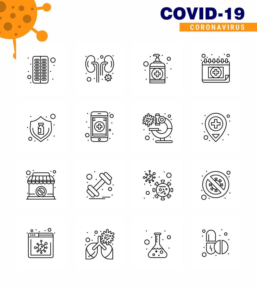 CORONAVIRUS 16 Line Icon set on the theme of Corona epidemic contains icons such as protection schudule hand medical appointment viral coronavirus 2019nov disease Vector Design Elements