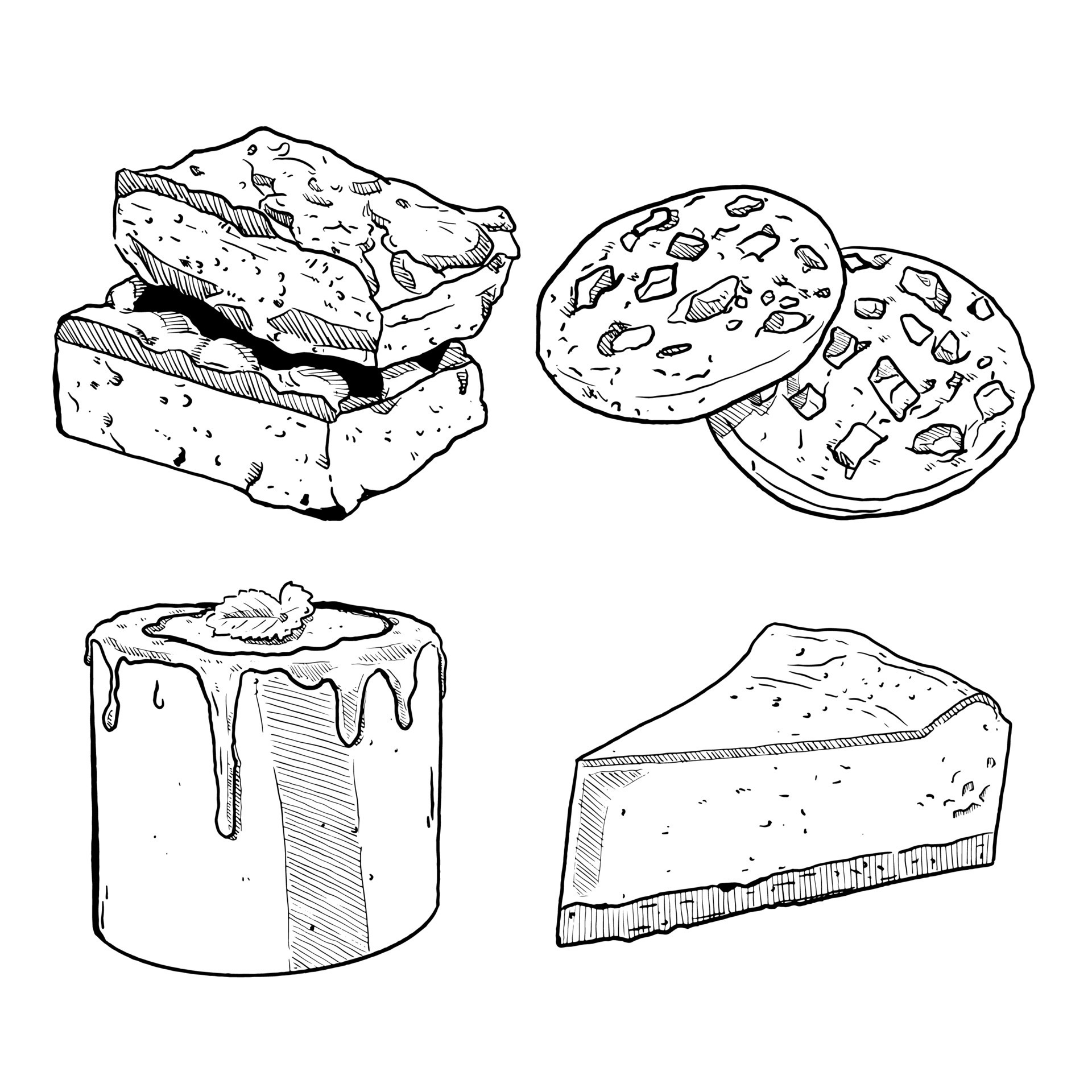 set of sketch and hand drawn sweet dessert menu brownie cake cookies