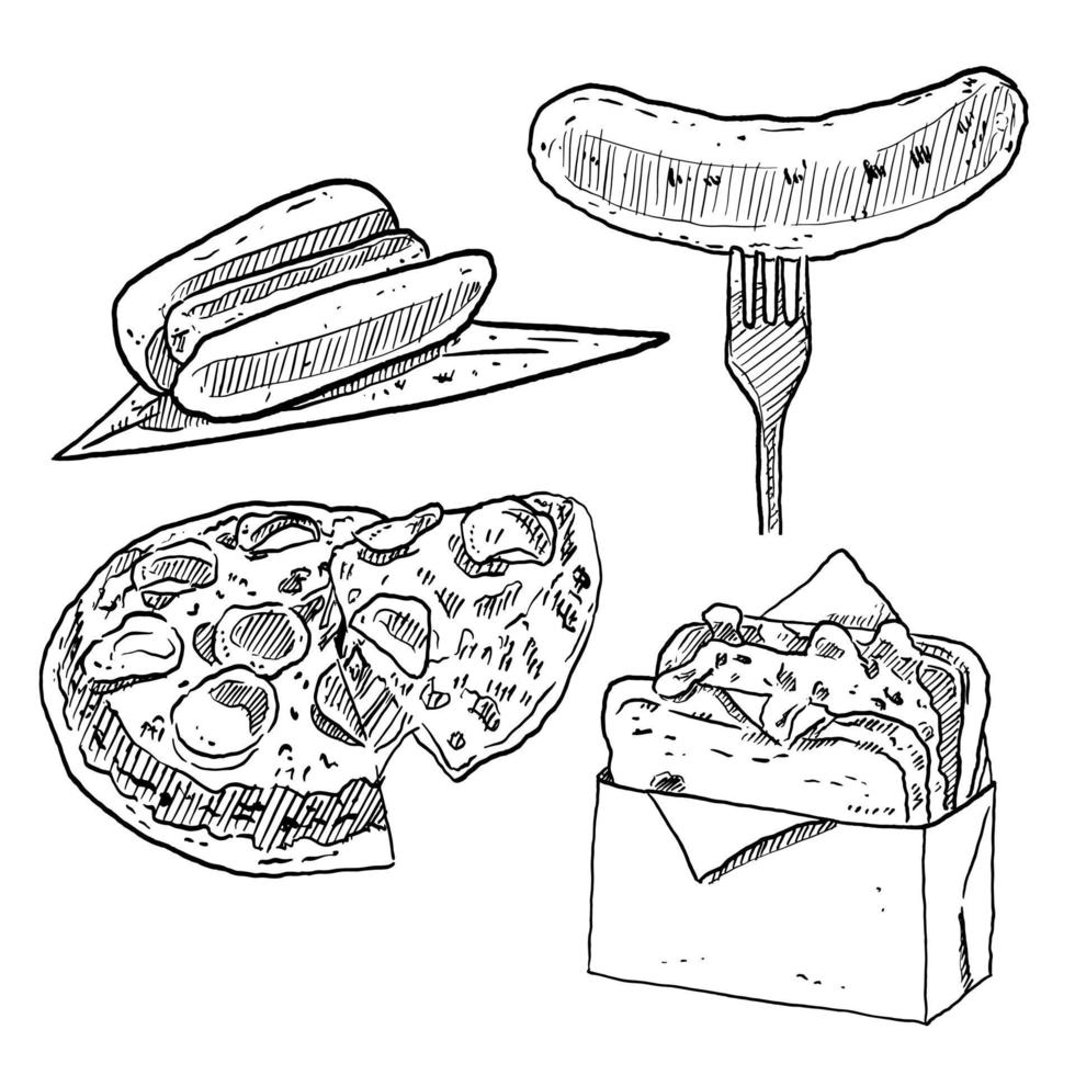 set of sketch and hand drawn engrave hotdog sausage pizza and sandwich vector