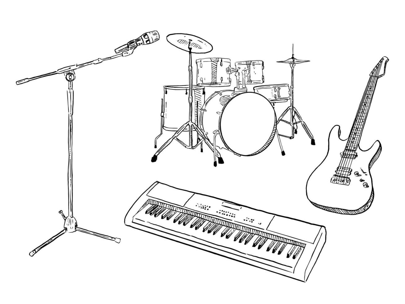 set of sketch and hand drawn engrave musical equipment microphone drum guitar and keyboard vector