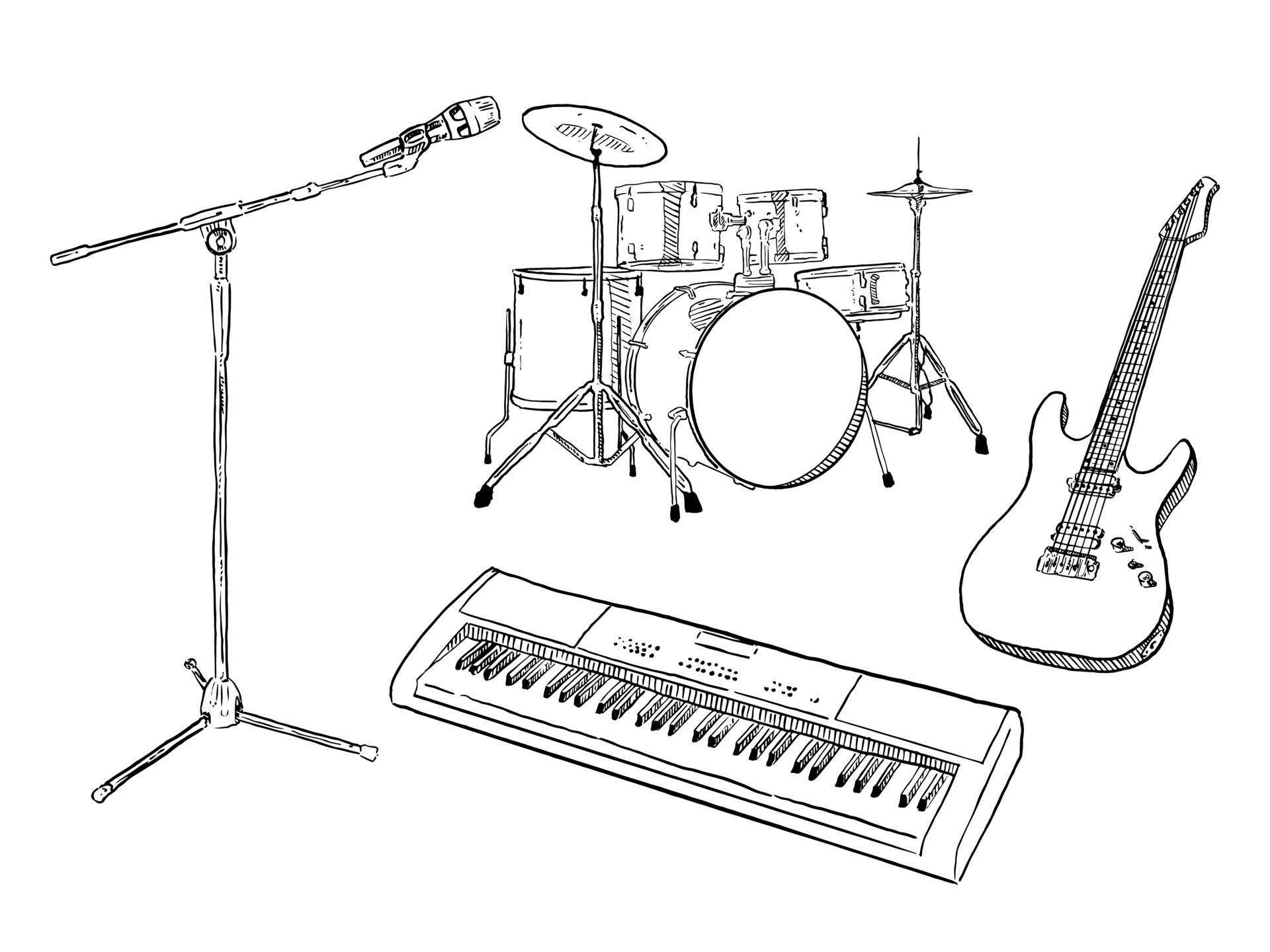 Set Of Sketch And Hand Drawn Engrave Musical Equipment Microphone Drum set-of-sketch-and-hand-drawn-engrave-musical-equipment-microphone-drum