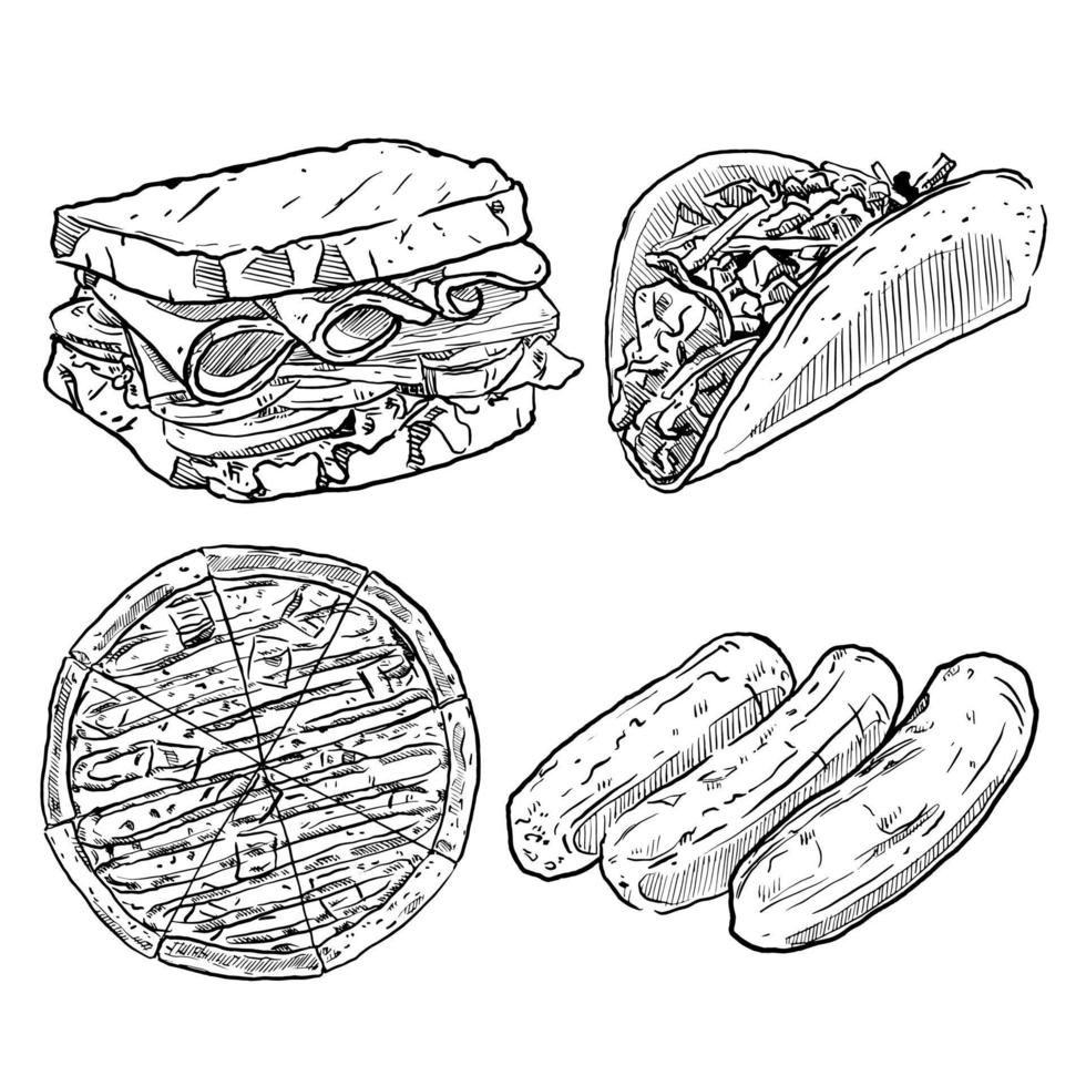 conjunto de croquis y elementos de comida rápida dibujados a mano sándwich taco pizza y salchicha vector