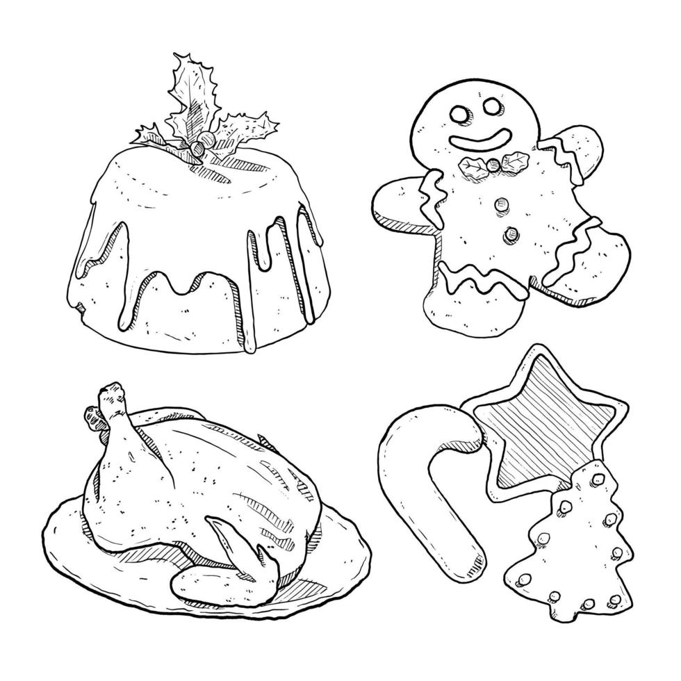 conjunto de bocetos y elementos dibujados a mano conjunto de colección de navidad pudín de pan de jengibre pollo asado y galletas vector
