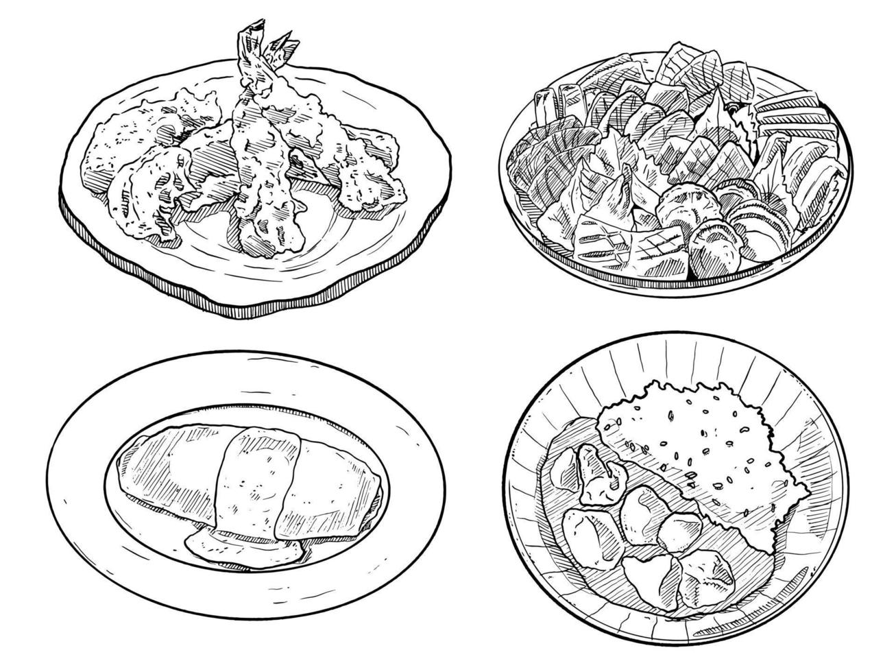 conjunto de croquis y elementos dibujados a mano conjunto de colección de comida japonesa tempura sukiyaki tortilla curry arroz vector