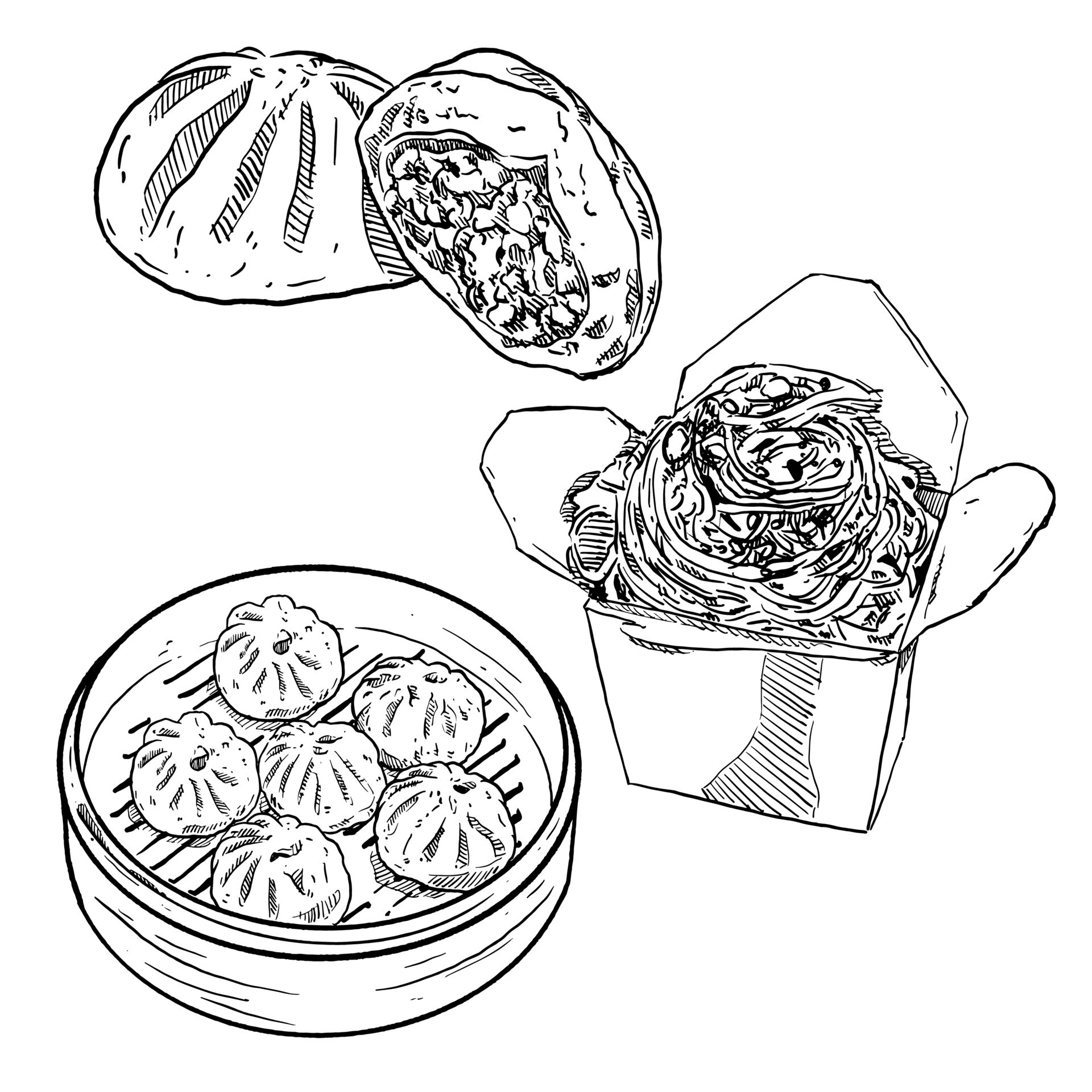 set of sketch and hand drawn chinese cuisine food element collection