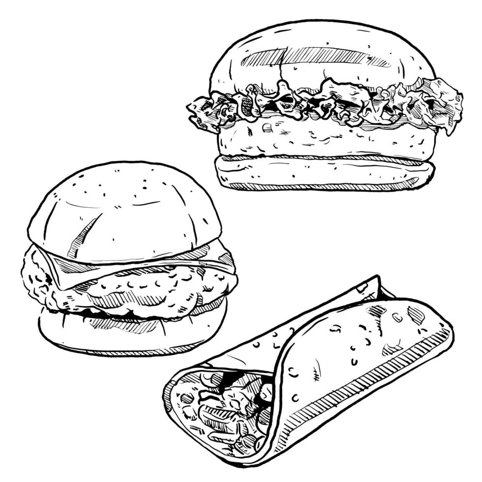 set of sketch and hand drawn fast food element burger hamburger and burrito vector