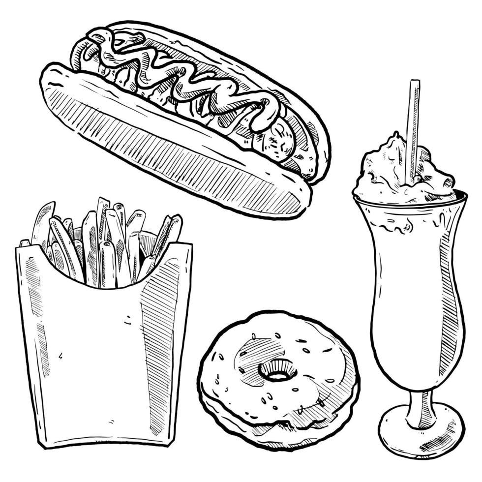 set of sketch and hand drawn fast food element french fries hotdog donut and milkshake vector